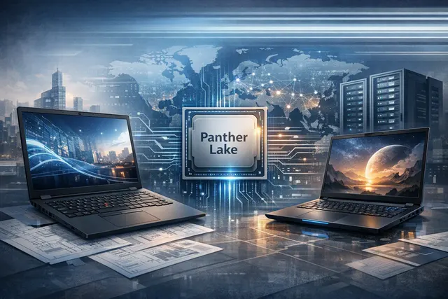 Editorial illustration of Lenovo ThinkPad and LOQ laptops representing Intel Panther Lake business and gaming PCs