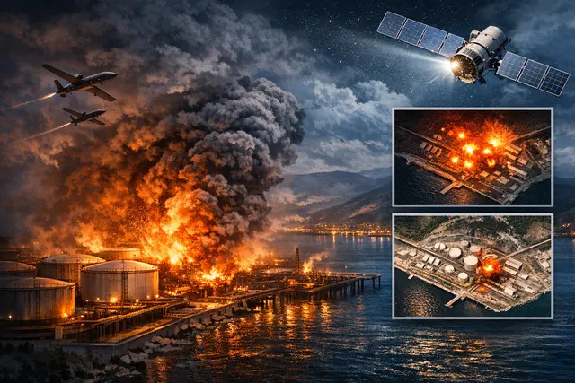 Satellite infrared imagery overlaid on a map showing a large active fire and thermal hotspots at the Grushovaya oil terminal near Novorossiysk following a drone strike.