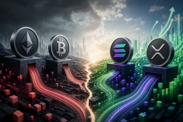 Illustration showing diverging crypto ETF flows with Solana and XRP rising while Ethereum declines
