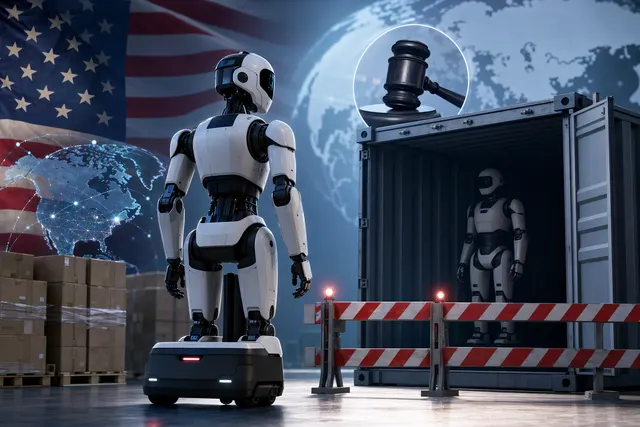 AI-generated illustration for a report on restrictions affecting foreign-made robots