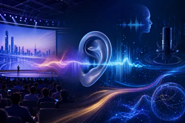 AI-generated editorial illustration representing live speech translation and audio creation