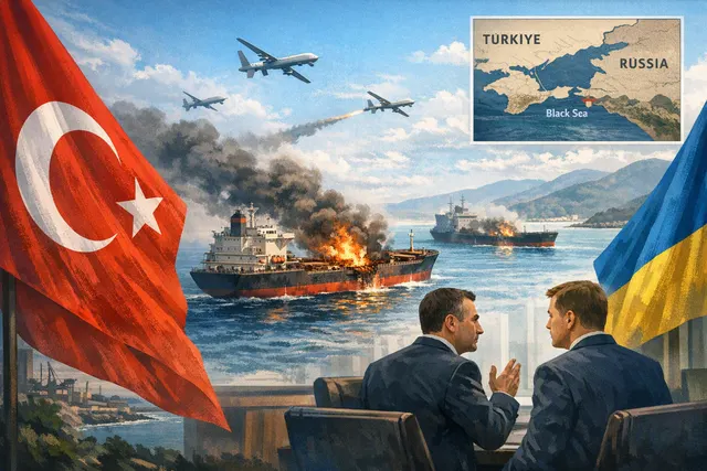 Illustration of drone strikes and civilian cargo ships in the Black Sea near Türkiye and Russia