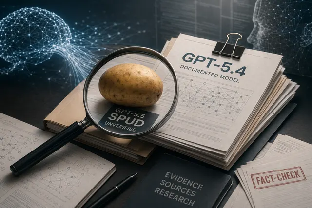 Abstract AI fact-check illustration comparing GPT-5.5 Spud rumors with documented GPT-5.4 multimodal evidence