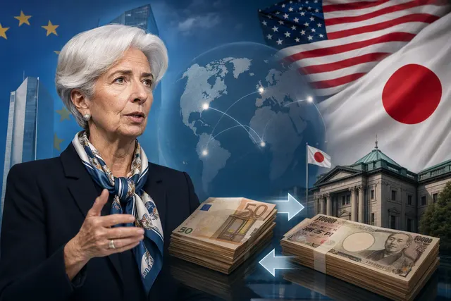 Editorial illustration of the U.S., euro and Japanese yen currencies in a foreign-exchange intervention context