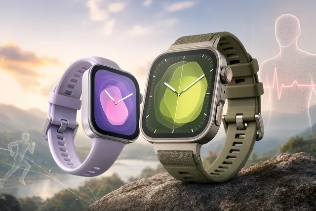 AI-generated editorial illustration of the Huawei Watch Fit 5 and Watch Fit 5 Pro smartwatches