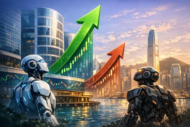 Abstract financial chart showing diverging stock performance between two Chinese AI companies on the Hong Kong Stock Exchange