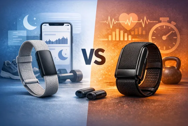 Fitbit Air screenless fitness tracker compared to Whoop 5.0 with charts showing pricing and features