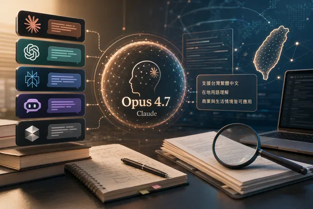 五款 AI App 與 Claude Opus 4.7、台灣繁體中文支援查核的概念圖