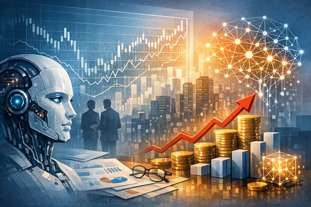 Editorial illustration of AI investment gains flowing into S&P 500 earnings, with market charts and technology infrastructure