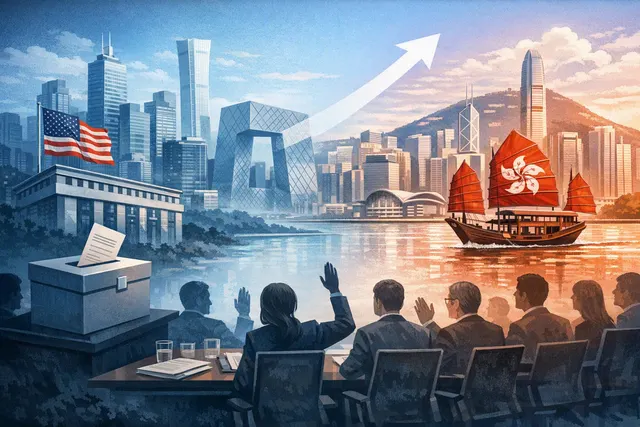 Editorial illustration representing Baidu’s dual-primary listing on the Hong Kong Stock Exchange and Nasdaq