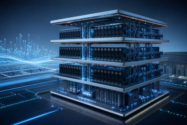 Illustration of a vertically layered AI data center with cooling, IT, power distribution and rooftop backup batteries