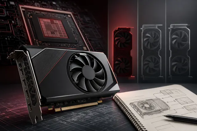 Editorial illustration of a desktop graphics card representing the rumored AMD Radeon RX 9050