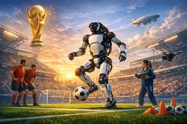 Boston Dynamics Atlas robot learning to play football with a soccer ball, promotional banner for Hyundai's Next Starts Now FIFA World Cup 2026 campaign