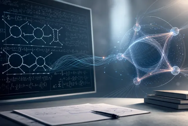 AI-generated editorial illustration accompanying an article about Claude’s nine-loop particle-physics calculation