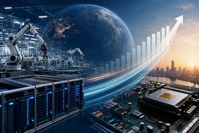 Editorial illustration of Foxconn’s AI-server and consumer-electronics manufacturing growth
