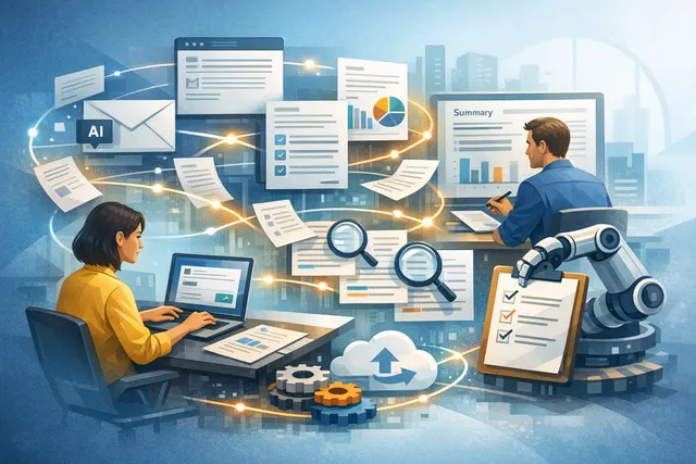AI-generated editorial illustration of automated email drafting and reporting workflows with digital tools