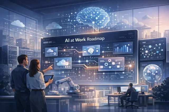 Abstract editorial illustration of Microsoft’s AI at Work Roadmap combining workplace applications, release planning, and continuous software updates