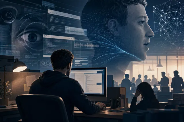 Illustration of workplace computer monitoring and AI data collection representing Meta’s employee tracking controversy