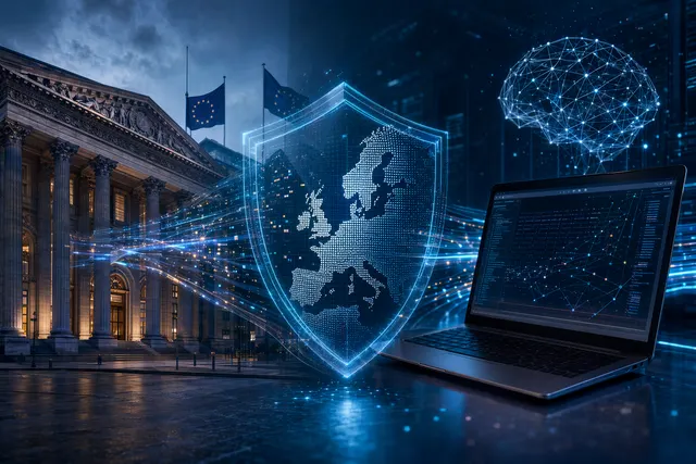 Conceptual illustration of AI cybersecurity systems protecting financial institutions