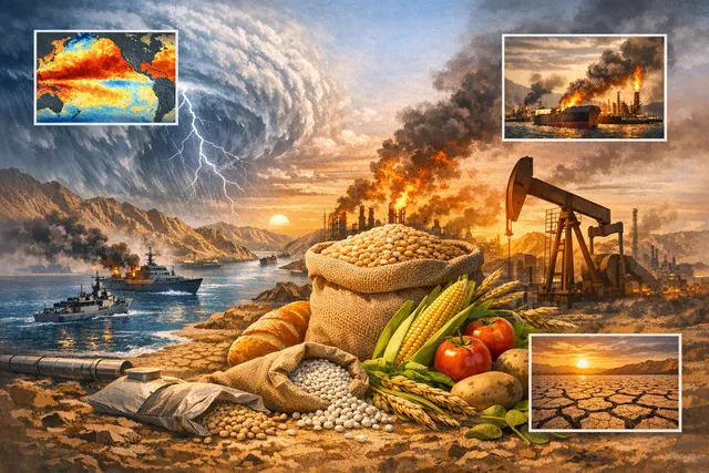 Illustration of a global food crisis with a map showing El Niño weather patterns, the Strait of Hormuz, and icons for rising food and fertilizer prices.