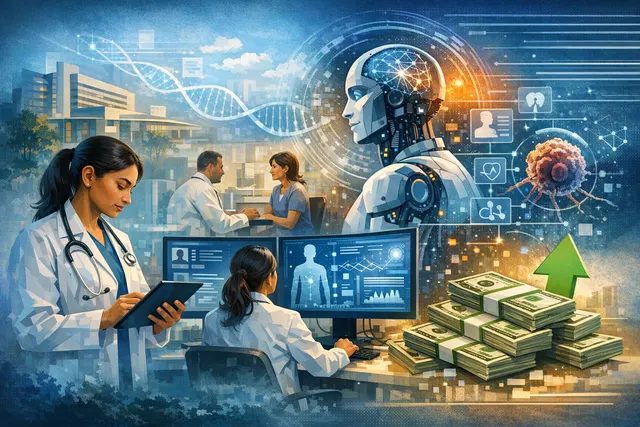 Abstract AI visualization of genomic data connecting clinical oncology workflows and clinical trial matching