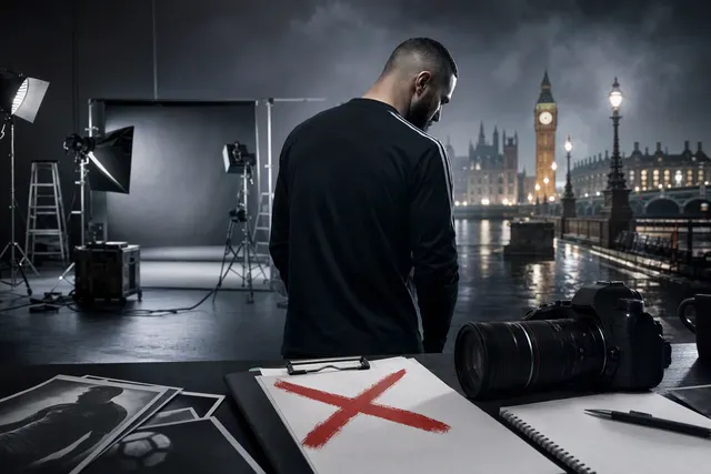 AI-generated editorial illustration accompanying a report on Nike’s cancelled Karim Benzema advertising shoot