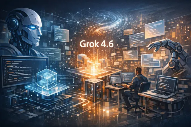 Abstract editorial illustration representing Grok 4.6 working across code, agents and long-context AI workflows