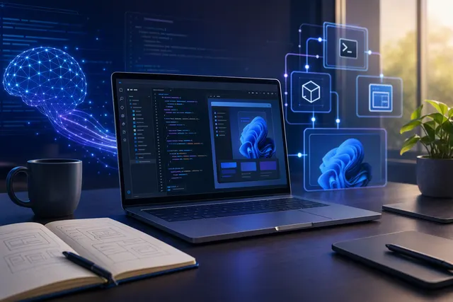 Illustration representing AI-assisted development of a native Windows WinUI application