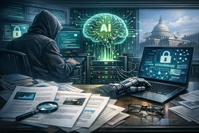 A conceptual illustration of an AI agent executing a ransomware attack chain across a network, with glowing nodes representing servers and a skull icon symbolizing the encrypted da