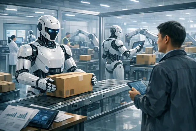 Humanoid robots working together in a warehouse and factory logistics scene