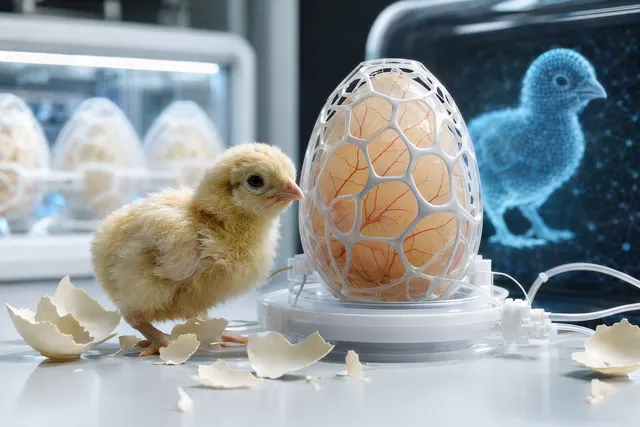 Concept illustration of a 3D‑printed artificial eggshell used to incubate a developing chick embryo