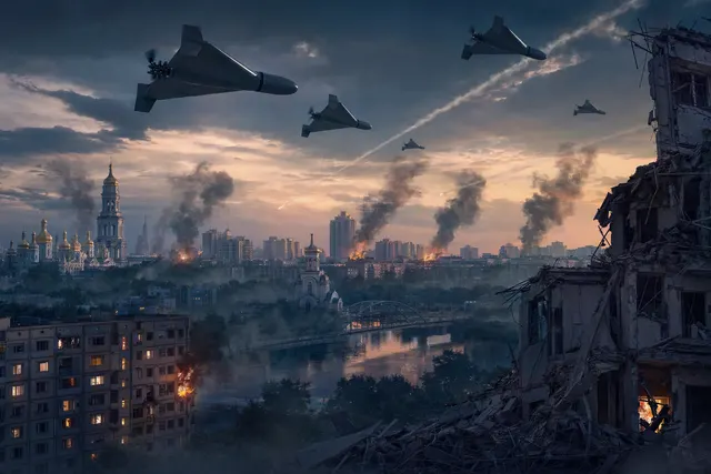 AI-generated illustration of a drone attack, used to represent reports of strikes in Ukraine; not a documentary image of a specific incident.
