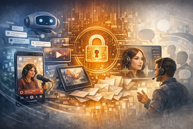 Abstract editorial illustration of AI transforming online discussions, creative media and digital advertising