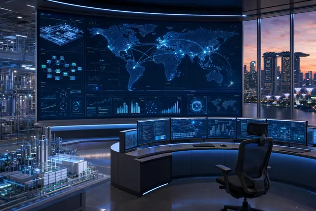Illustration of a centralised control centre monitoring semiconductor-facility operations