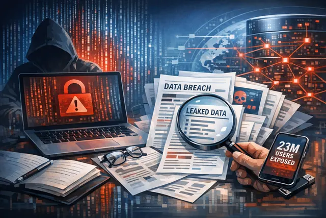 A laptop screen displaying a data breach alert with a padlock and warning icons, representing the Paidwork security incident.