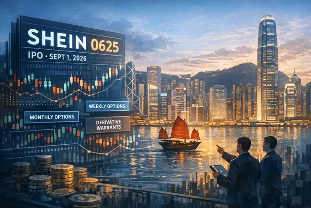 Editorial illustration of SHEIN’s Hong Kong IPO with stock trading, options and short selling