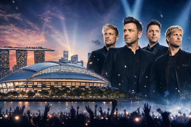 AI-generated editorial illustration for Westlife’s January 2027 Singapore concerts