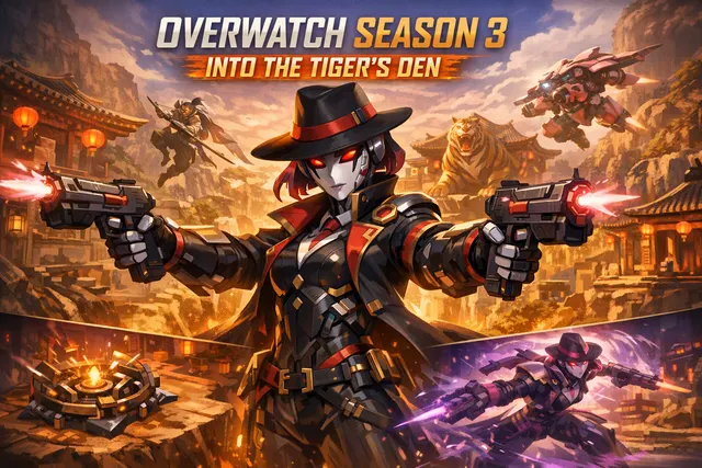 Overwatch Season 3 Into the Tiger's Den promotional artwork featuring new hero Shion and the Neon Junction map