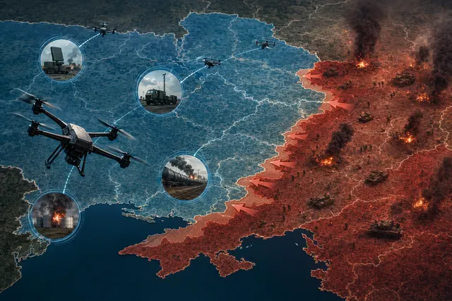 Illustration of drones and battlefield technology influencing the Russia‑Ukraine war in 2026