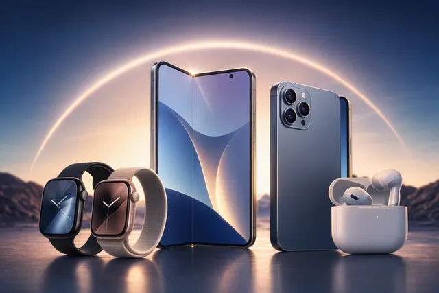 Editorial illustration of Apple’s September 2026 product event and rumored foldable iPhone