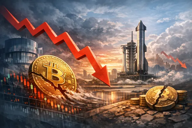 Futuristic visualization of SpaceX's pre-IPO crypto futures decline with stock charts and a rocket motif
