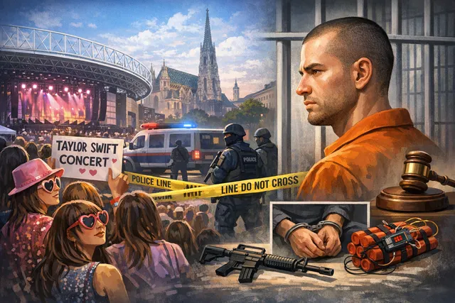 Courtroom gavel with a defocused image of Taylor Swift performing on stage in the background, representing the concluded trial for the foiled concert attack plot.