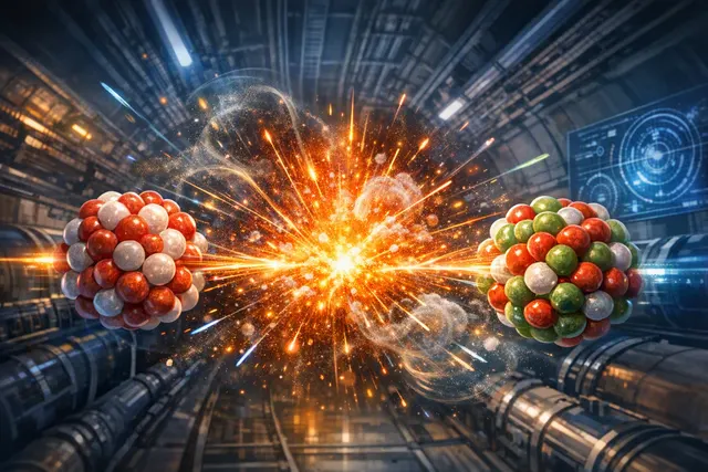 Illustration of oxygen and neon nuclei colliding to create collective quark–gluon-plasma-like matter at the LHC