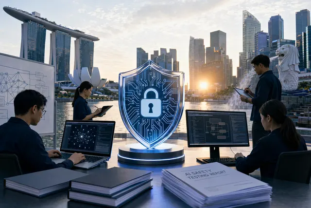 Illustration representing Singapore’s AI Tester Accreditation Programme evaluating AI systems for safety and reliability