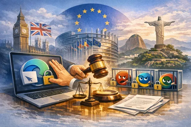 Digital illustration representing web browser competition and antitrust conflict on a Windows desktop interface.
