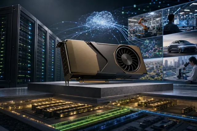 Editorial illustration of Nvidia AI compute infrastructure and GPU hardware
