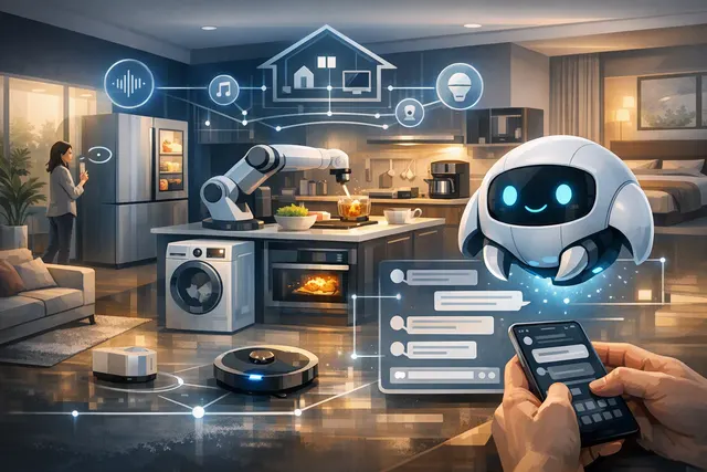 Conceptual illustration of LG ThinQ Claw coordinating smart-home devices through a conversational AI interface