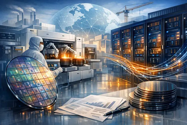 Illustration of silicon photonics wafers and optical links powering AI data centers