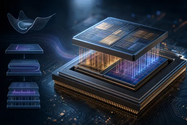 Εικονογράφηση ενός mobile chip με κατακόρυφα στοιβαγμένα επίπεδα λογικής και κάθετες διασυνδέσεις