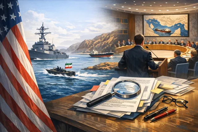 Visual representation of the Strait of Hormuz crisis with UN Security Council, ships, and geopolitical tension imagery